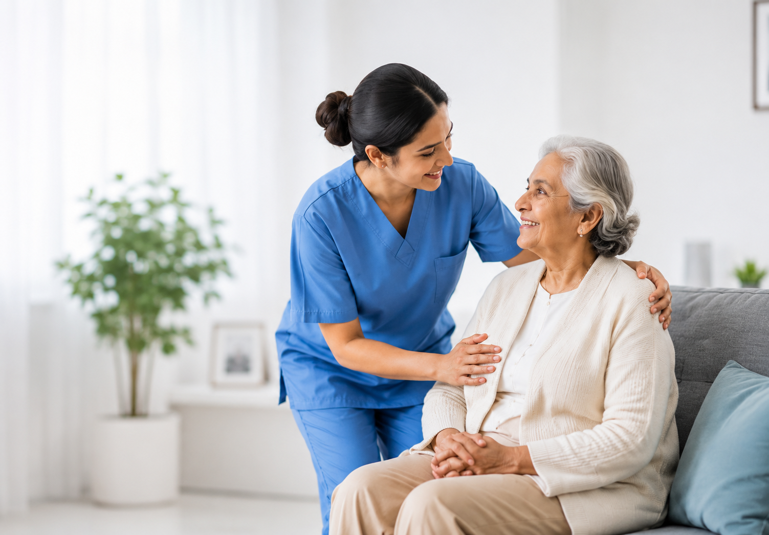 Caregiver assisting elderly woman at home in J.P. Nagar, Bangalore